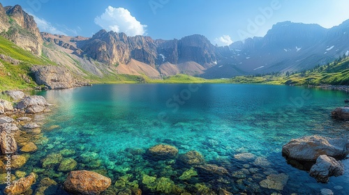 breathtaking panorama of sailimu lake in xinjiang china showcasing vibrant turquoise waters against rugged mountain backdrop and expansive sky photo