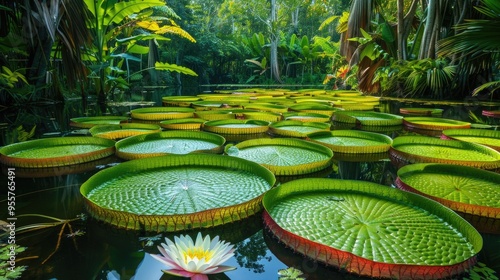 Large, round lily pads in a tropical pond. A photo of giant water lily pads in a lush tropical pond, perfect for nature, botany, or travel projects.