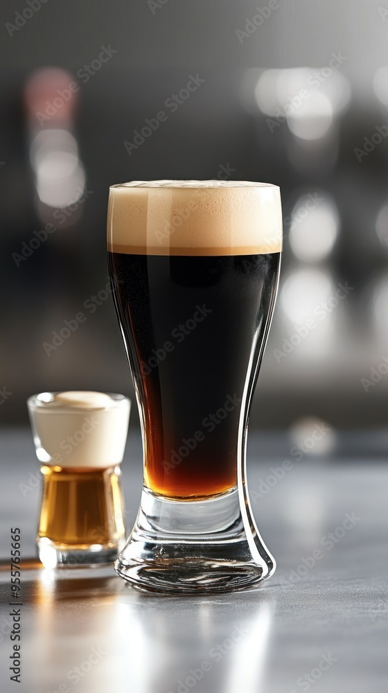 A Glass of Dark Beer with a White Head and a Smaller Glass of Golden Liquid A Glass of Dark Beer with a White Head and a Smaller Glass of Golden Liquid