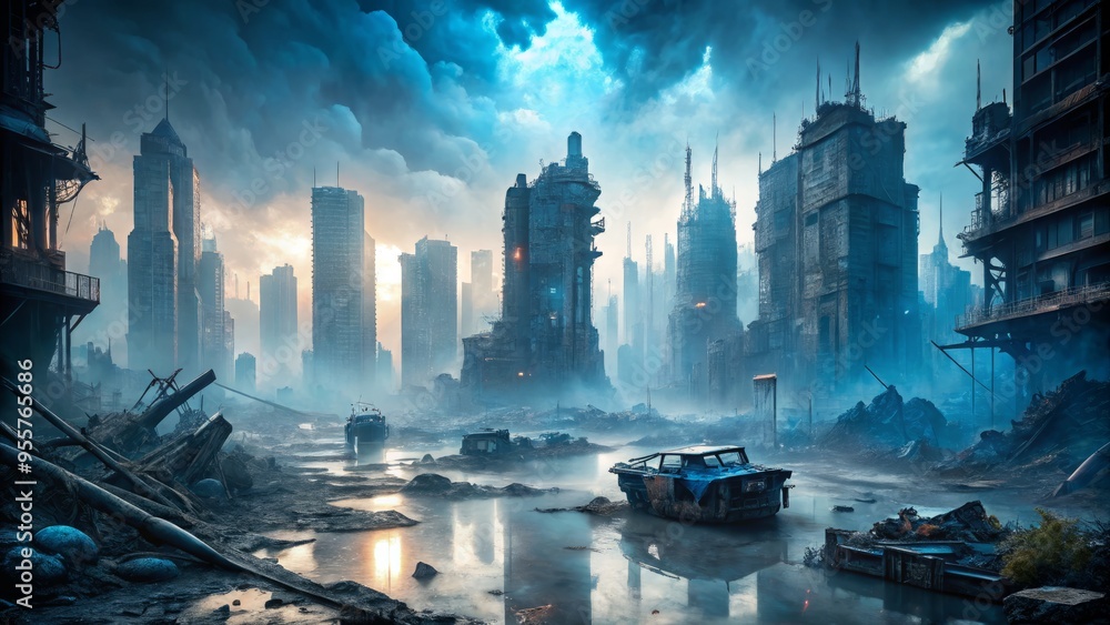 Flooded, post-apocalyptic cityscape with twisted metal and broken concrete, eerie blue mist, low-angle shot, sense of desolation and despair, a realistic photo image. Flooded, post-apocalyptic cityscape with twisted metal and broken concrete, eerie blue mist, low-angle shot, sense of desolation and despair, a realistic photo image.
