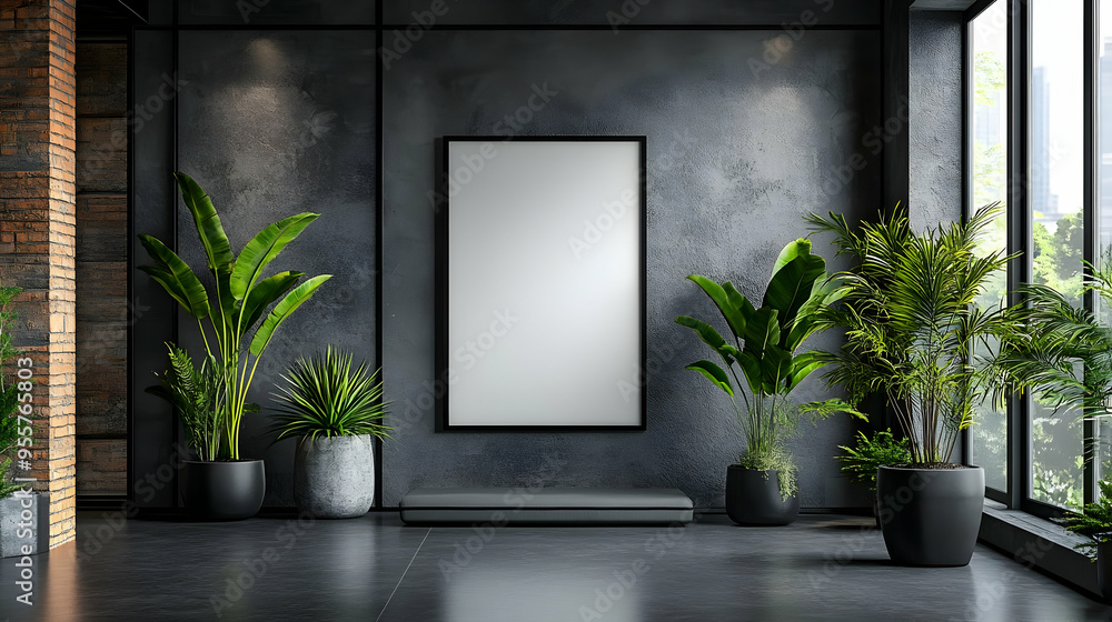 Modern interior with plants and a blank frame for decoration. Modern interior with plants and a blank frame for decoration.