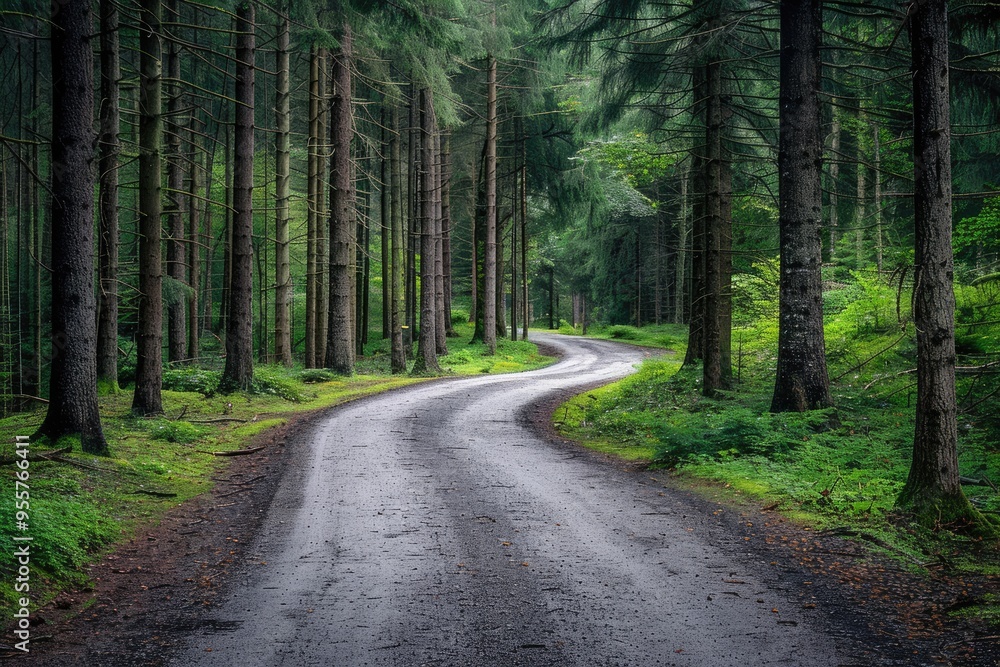 Fototapeta premium A winding road through a dense forest. This image is perfect for representing themes of journey, exploration, or nature.