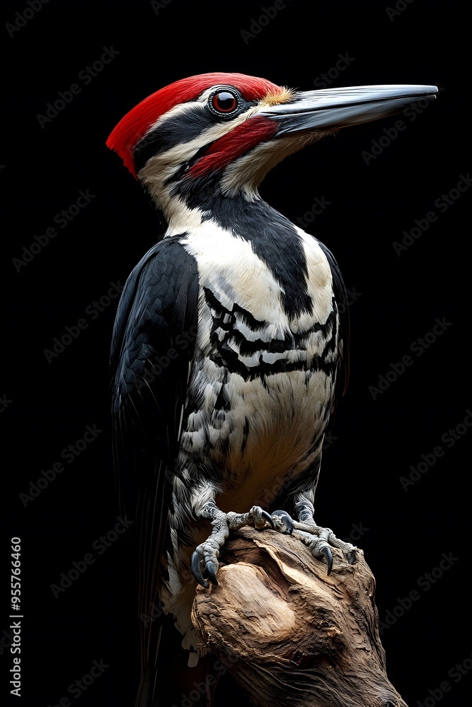 Fototapeta premium Ivory Woodpecker Perched on a Branch with Black Background, Wallpaper, Cover and Screen for Smartphone, PC, Laptop, 9:16 and 16:9 Format