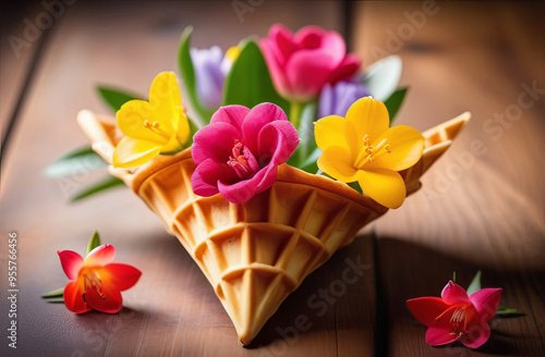 A flowerfilled waffle cone displayed on a wooden table photo