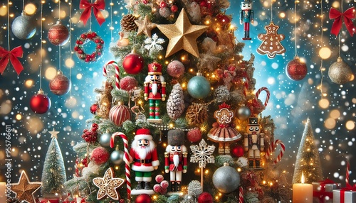  A vibrant Christmas tree corner, decorated with sparkling red baubles, heavily frosted pinecones, glowing star lights, shimmering tinsel, candy canes