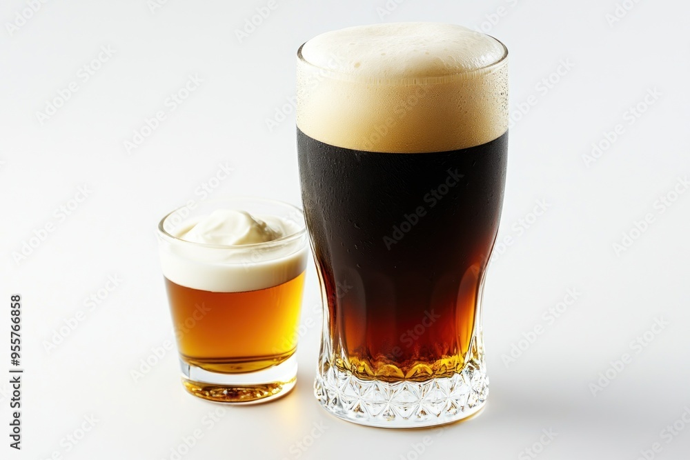 A Glass of Dark Beer with a Cream Topping and a Shot Glass of Liquor A Glass of Dark Beer with a Cream Topping and a Shot Glass of Liquor