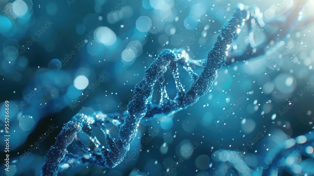 A close-up of a DNA strand against a vibrant blue background.