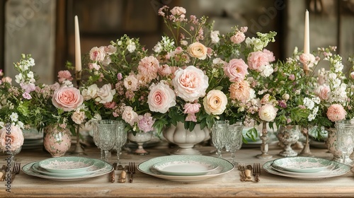 cheerful spring table setting with pastel pink and green patterned plates matching cutlery and fresh floral centerpiece on a light wooden table