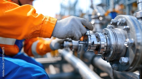 Close-up of a worker adjusting valves on a pipeline, with heavy machinery and industrial background, emphasizing the hands-on nature of petroleum work