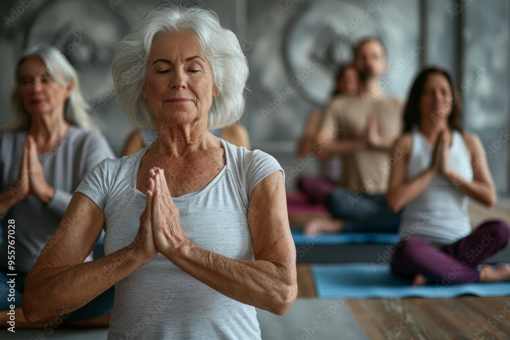 Seniors engaged in a calming yoga class at a wellness center during the morning hours, promoting mindfulness and relaxation Seniors engaged in a calming yoga class at a wellness center during the morning hours, promoting mindfulness and relaxation