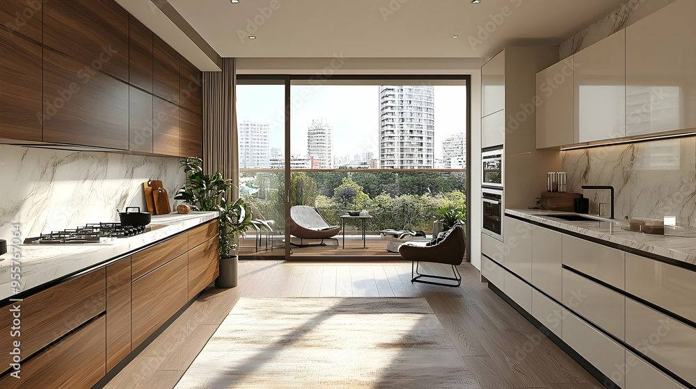 Modern kitchen with large windows overlooking a cityscape. Modern kitchen with large windows overlooking a cityscape.