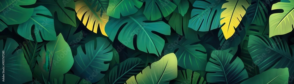 Jungle leaves with deep layers, flat design, front view, exotic wilderness theme, cartoon drawing, vivid Jungle leaves with deep layers, flat design, front view, exotic wilderness theme, cartoon drawing, vivid