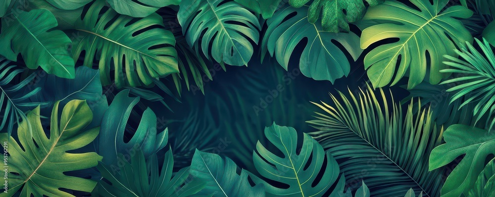 Jungle leaves with dynamic depth, flat design, top view, tropical landscape theme, water color, Split-complementary color scheme Jungle leaves with dynamic depth, flat design, top view, tropical landscape theme, water color, Split-complementary color scheme