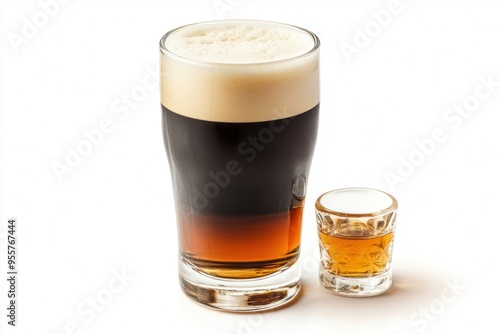 A Tall Glass of Black and Tan Beer with a Shot of Whiskey