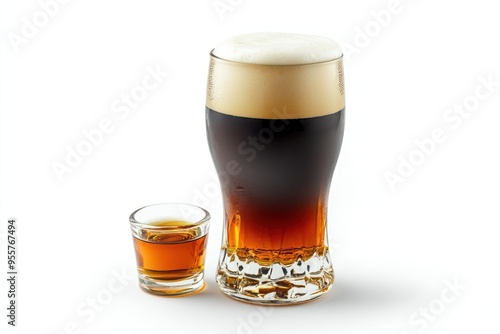 A Tall Glass of Black and Tan Beer with a Shot of Whiskey photo