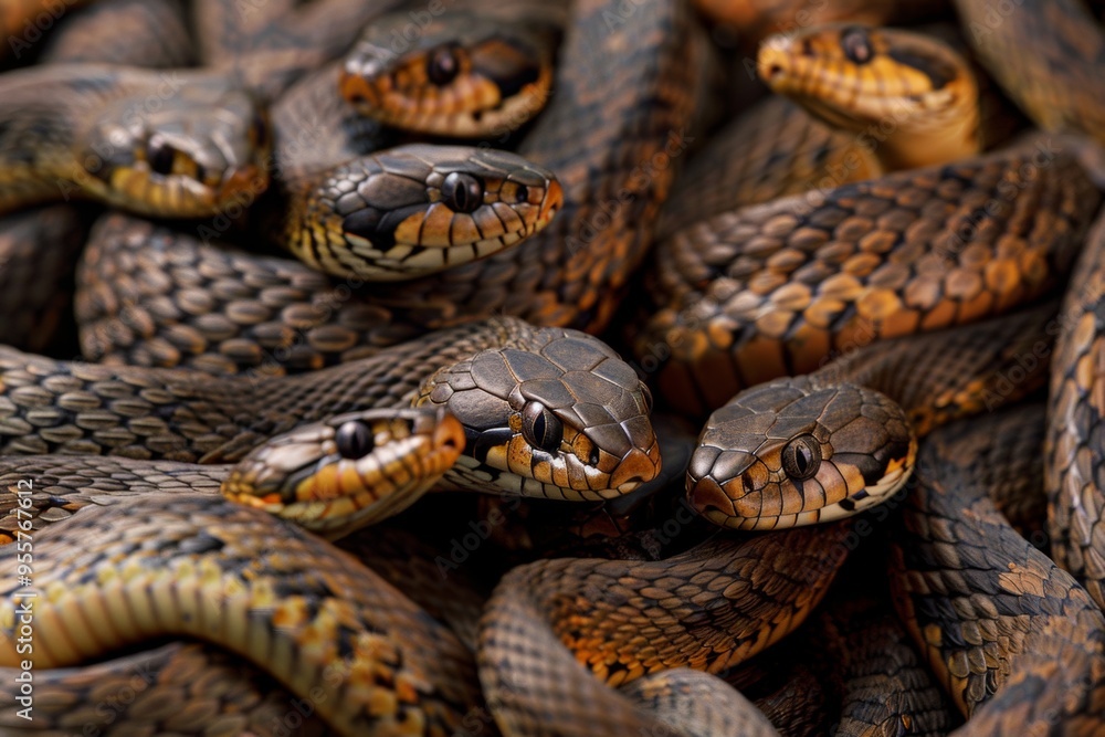 Group of snakes entwined in a mysterious encounter with heads facing each other in the wild Group of snakes entwined in a mysterious encounter with heads facing each other in the wild