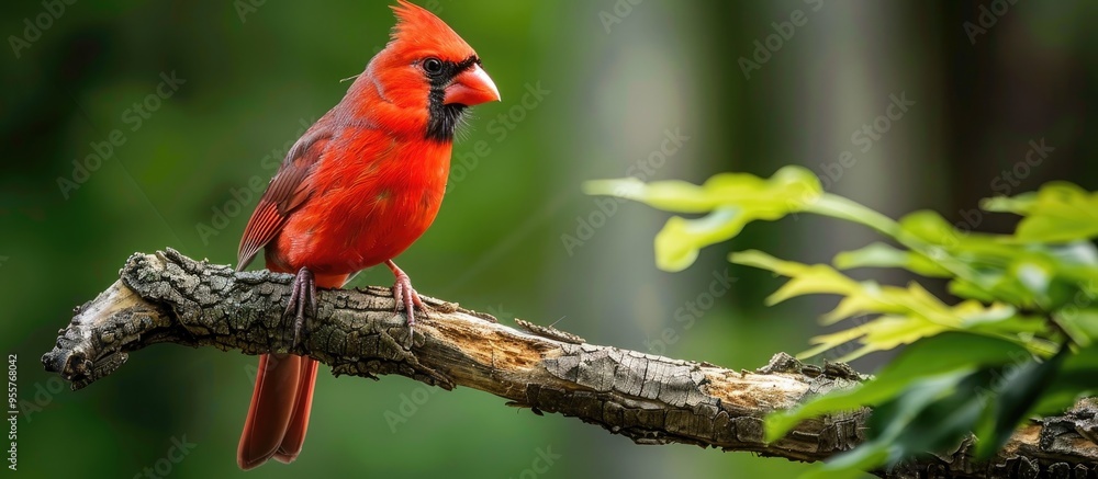 Bright Red Male Northern Cardinal Songbird Perched On Tree Branch In Garden Bright Red Male Northern Cardinal Songbird Perched On Tree Branch In Garden