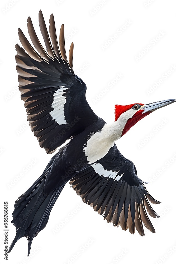 Obraz premium Ivory Woodpecker Flying on White Background, Wallpaper, Cover and Screen for Smartphone, PC, Laptop, 9:16 and 16:9 Format