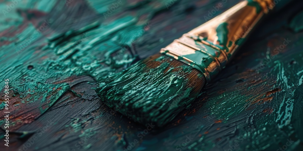 Close up of wide decorator s paint brush bristles covered in green paint painting a wooden surface Close up of wide decorator s paint brush bristles covered in green paint painting a wooden surface