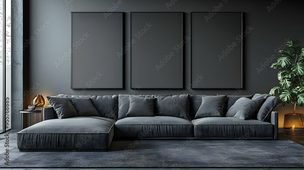 Modern living room with a large gray sectional sofa and minimal decor. Modern living room with a large gray sectional sofa and minimal decor.