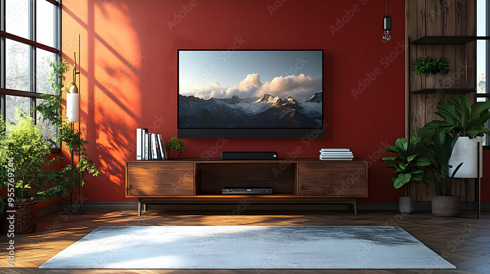 Modern living room with a TV, plants, and a cozy atmosphere. Modern living room with a TV, plants, and a cozy atmosphere.