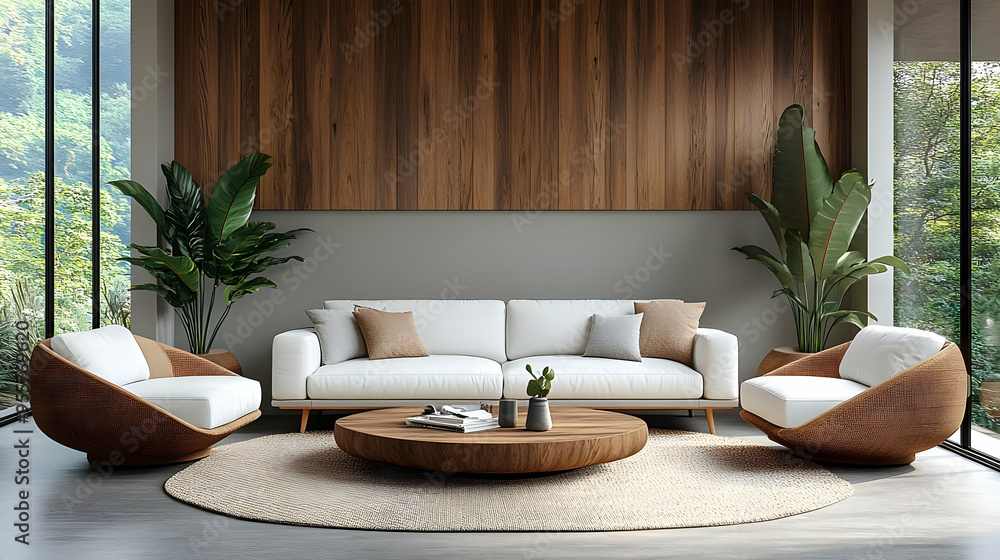 Modern living room with cozy furniture and natural elements. Modern living room with cozy furniture and natural elements.