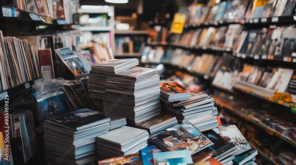 Stacked Magazines in a Cozy Bookstore Stacked Magazines in a Cozy Bookstore