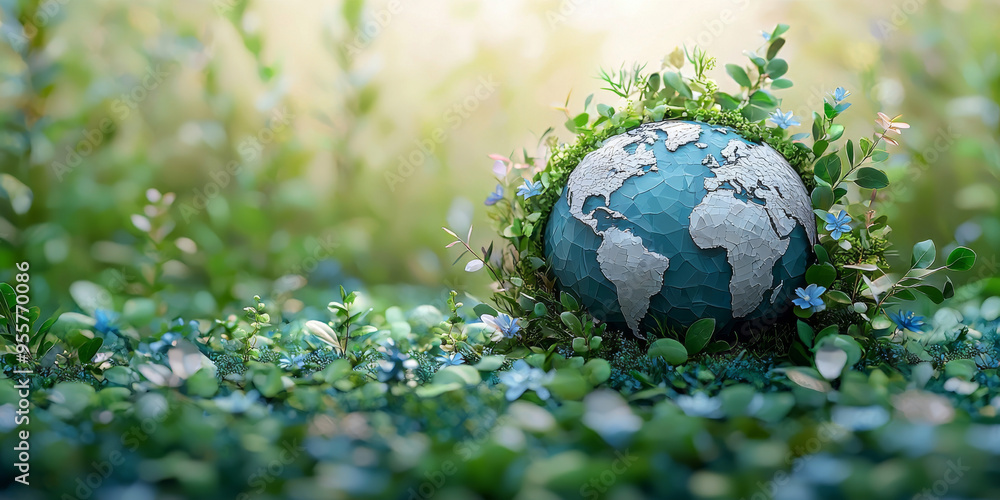 A blue and green globe surrounded by lush greenery, symbolizing Earth's beauty and the importance of environmental protection. A blue and green globe surrounded by lush greenery, symbolizing Earth's beauty and the importance of environmental protection.