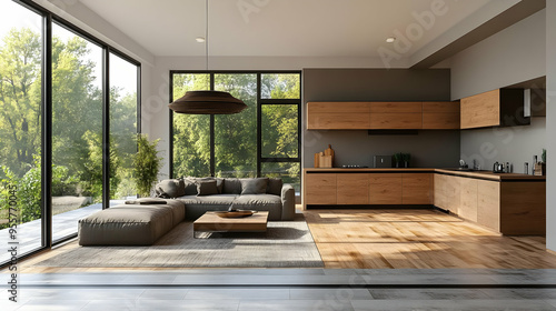 Wallpaper Mural Modern living room with kitchen and large windows overlooking nature. Torontodigital.ca