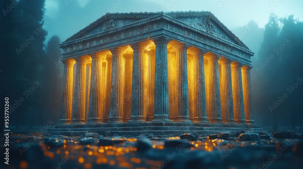 Obraz premium Ancient Temple in Foggy Forest