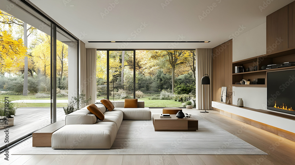 Modern living room with large windows and autumn view. Modern living room with large windows and autumn view.