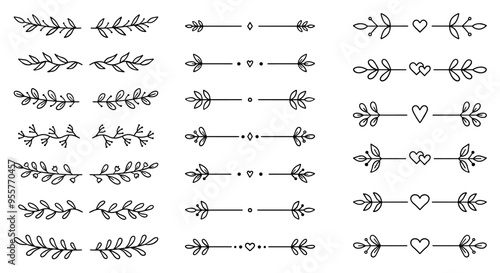 Text dividers with hearts doodle set. Wedding decorative elements. Divider ornament, borders, branches. Hand drawn vector illustration isolated on white background