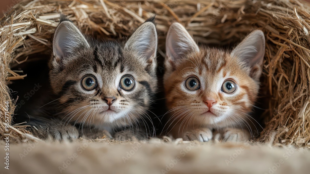 curious kittens peeking out from rustic hay bale with wideeyed expressions curious kittens peeking out from rustic hay bale with wideeyed expressions