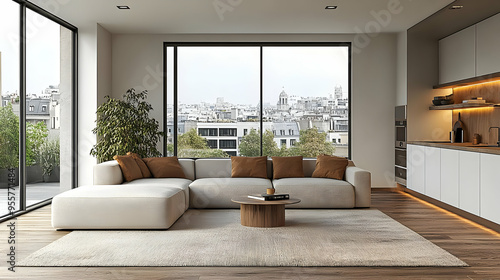 Modern living room with large windows and stylish furniture.