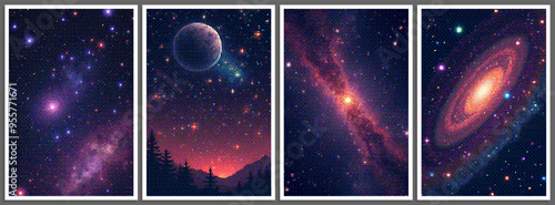 Set of pixelated posters with futuristic deep space scene in pixel art style with dithering effect. Retro space background for vintage cover, flyer, magazine or banner. Vector 8-bit illustration