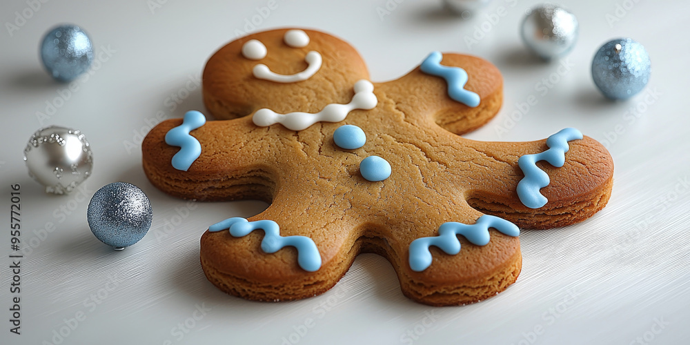 A gingerbread man cookie with blue and white icing, surrounded by blue and silver ornaments. A gingerbread man cookie with blue and white icing, surrounded by blue and silver ornaments.