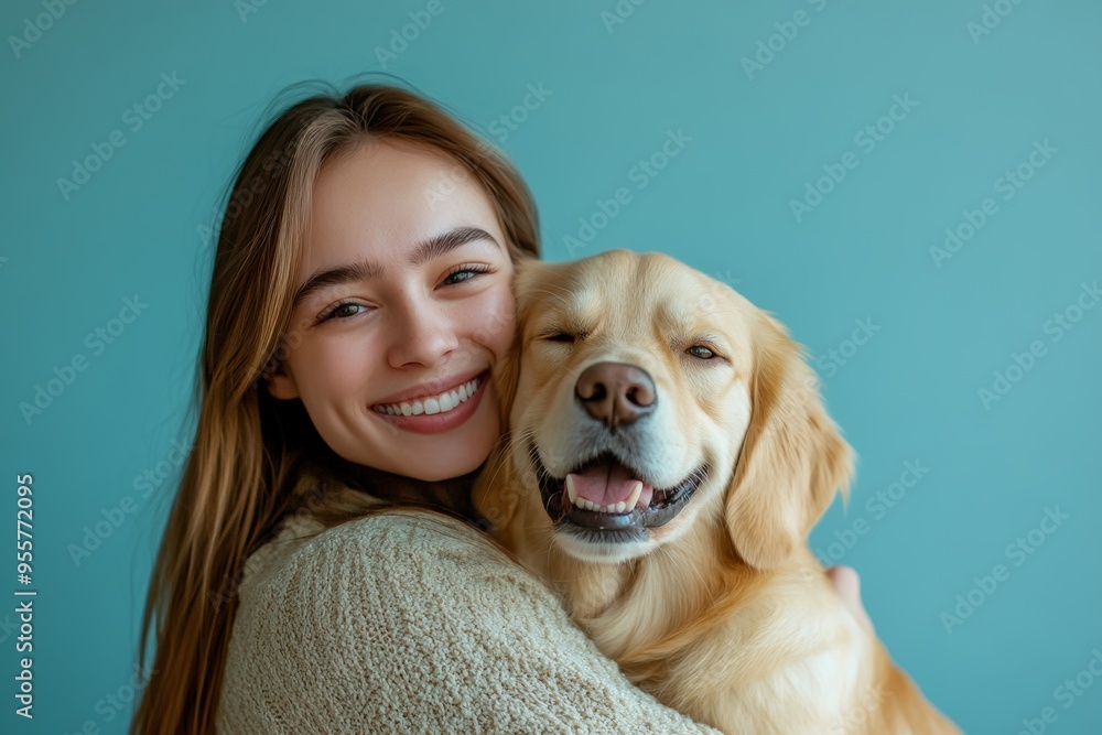 Girl hugging a happy golden retriever on a blue background Girl hugging a happy golden retriever on a blue background