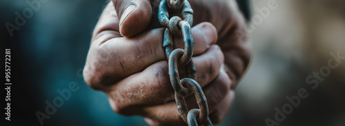 Uma imagem em close-up mostrando uma mão forte segurando firmemente uma corrente grossa e resistente, simbolizando força, resiliência e os laços que mantêm as coisas unidas. photo