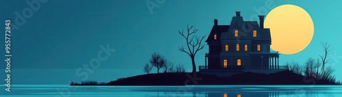 Wallpaper Mural Ghostly mansion with moonlight shadows, flat design, side view, eerie silence theme, water color, vivid colors Torontodigital.ca