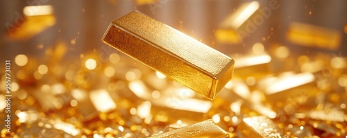 Gold bars suspended in mid-air, defying gravity, representing limitless wealth, luxury photo