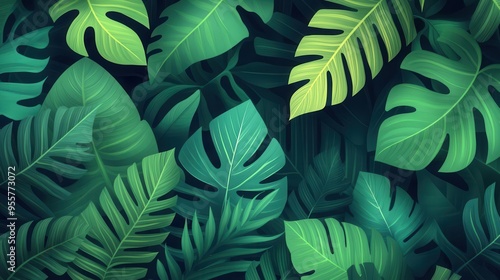 Wallpaper Mural Jungle leaves in layered depth pattern, flat design, side view, rainforest theme, water color, vivid Torontodigital.ca