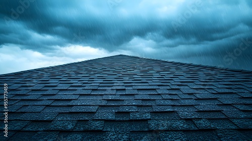 Hail-struck shingle roof under a threatening sky, showcasing visible cracks and dents, with the storm clouds still lingering in the background photo