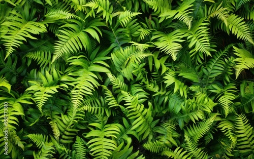 Lush green ferns overlapping each other. Dense foliage background for design and print.