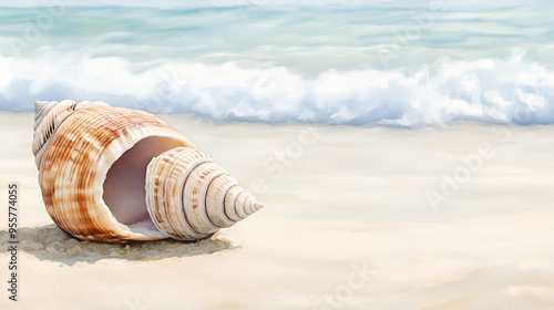 Seashell on Sandy Beach with Blue Water and White Foam - Perfect Summer Background