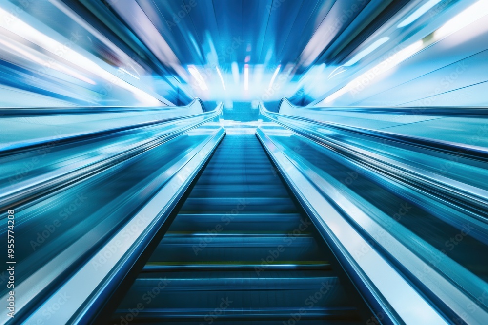Motion blur effect on an escalator with bright blue lighting. Futuristic background for design and technology concepts. Motion blur effect on an escalator with bright blue lighting. Futuristic background for design and technology concepts.