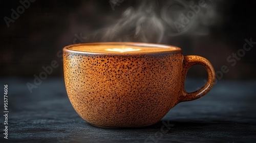 dramatic macro shot of an artisanal coffee cup wisps of fragrant steam rising against a dark background rich textures and warm tones evoke a sensory coffee experience