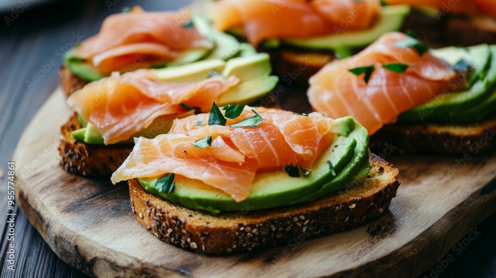 Avocado Salmon Toast on Rustic Wood Avocado Salmon Toast on Rustic Wood