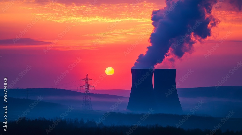 Fototapeta premium Industrial Sunset with Cooling Towers
