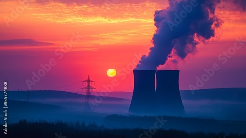 Industrial Sunset with Cooling Towers