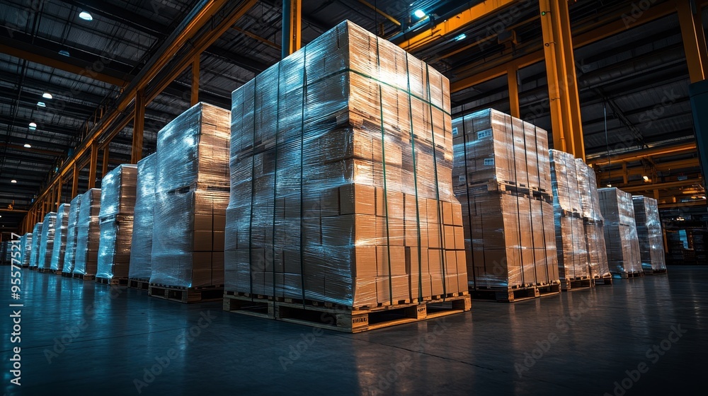 A stack of neatly wrapped pallets, plastic sheeting tightly covering boxes, organized for shipment in a spacious warehouse, ambient industrial lighting A stack of neatly wrapped pallets, plastic sheeting tightly covering boxes, organized for shipment in a spacious warehouse, ambient industrial lighting